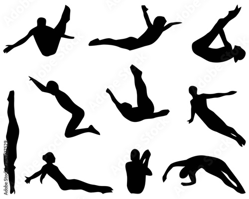 Collection of gymnastics and diving poses silhouette isolated on white background