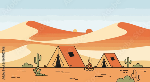Peaceful Desert Camping Adventure with Cacti and Warm Bonfire Illustration