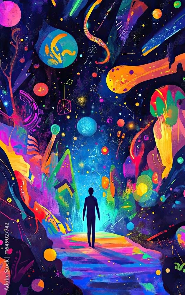 Obraz premium A person walking through an intricate time portal, surrounded by cosmic symbols and vibrant colors