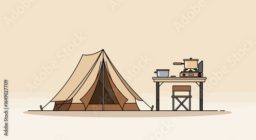 Outdoor Vacation Camping Under Canvas Tent with Cooking Setup at Campsite