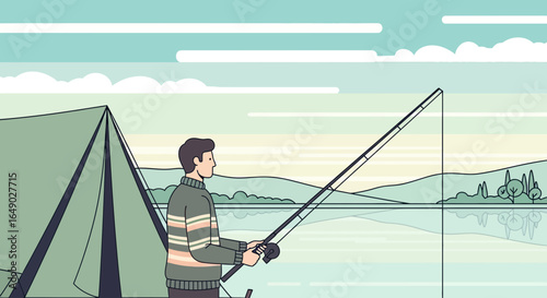 Peaceful Fisherman Enjoying Nature Outdoor Activities By The Lake Illustration