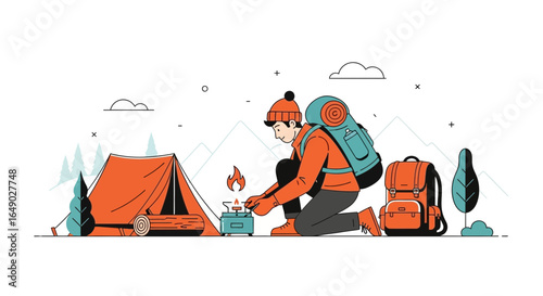 Outdoors Adventure: Preparing Stove At Campsite For Winter Season Journey