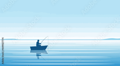 Peaceful Fisherman Silhouetted At Sea In Small Boat During Peaceful Calm Time