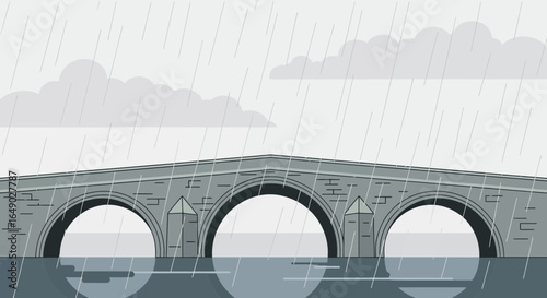 Overcast Day At The Old Stone Bridge With Heavy Rainfall Scene Illustration