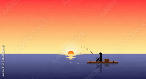Peaceful Fisherman Silhouette Enjoying Tranquil Sunset On Water Scenery Vector Art