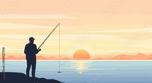 Peaceful Fishing At Sunrise Silhouette Of A Man Enjoying A Relaxing Day Outdoors