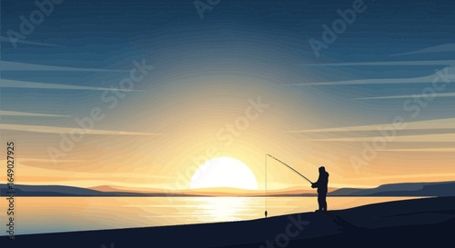 Peaceful Fishing At Sunset Tranquil Scene With Silhouette Angler And Lake