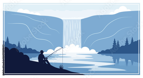 Peaceful Fishing At The Lake Near The Waterfall Flat Vector Illustration