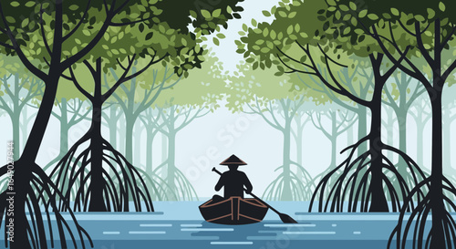 Paddling Serenity Through Mangrove Forest Flat Vector Illustration Style