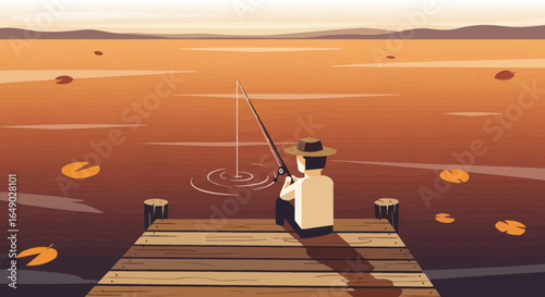 Peaceful Fishing Scene At Sunset Serene Lake On Wooden Pier Graphic Design