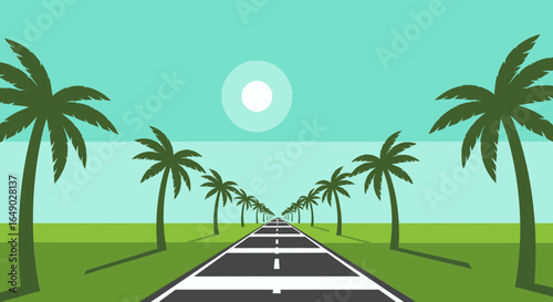 Palm Trees Lining a Road Under a Bright Sky Vector Illustration