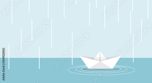 Paper Boat Floating On Water During A Rainstorm Minimalist Graphic Design