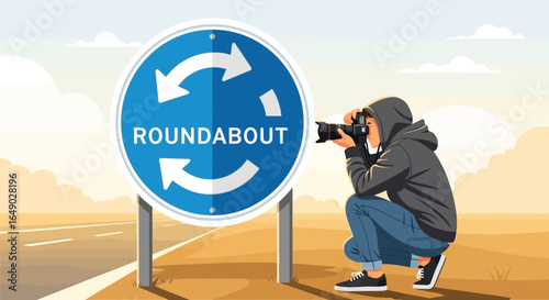 Paparazzo Capturing Roundabout Road Sign On Arid Landscape Scene Illustration