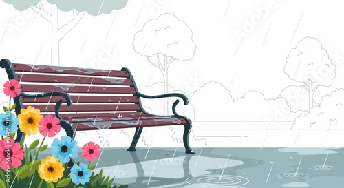 Park Bench Covered in Rain Near Flowers For Tranquil Nature Scenery