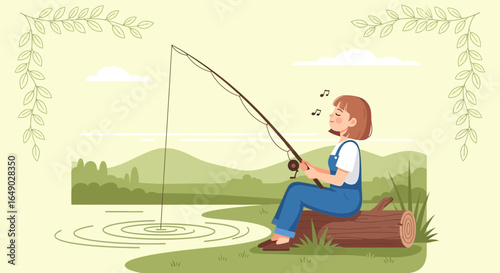 Peaceful Fishing Trip Girl Sits Enjoying Nature's Melody By The Lakeside