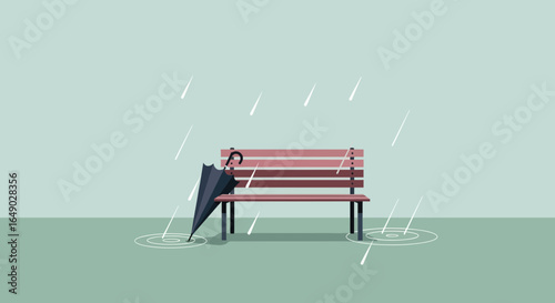 Park Bench In The Rain, Symbolizing Loneliness Or A Moment Of Reflection