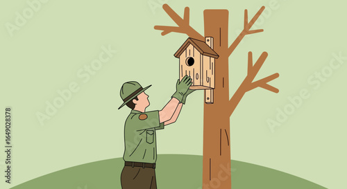 Park Ranger Attaching A Birdhouse To A Tree For Wildlife Conservation