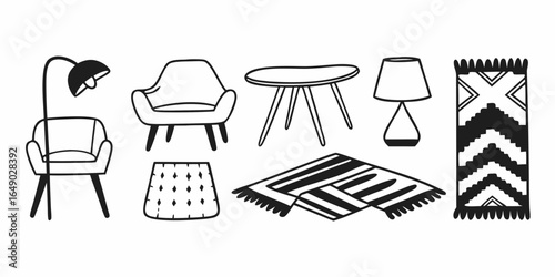 Illustration of furniture including chairs lamps tables and rugs in a black and white color scheme