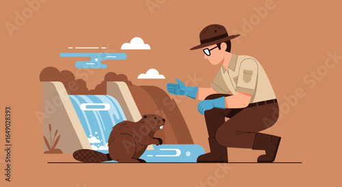 Park Ranger Communicating With Beaver Near Dam For Wildlife Conservation