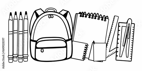 Illustration of a school backpack with pencils notebooks rulers and a pen for school supplies art