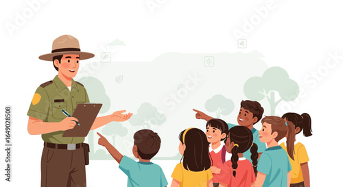 Park Ranger Educates Young Children During an Outdoor Nature Walk Illustration