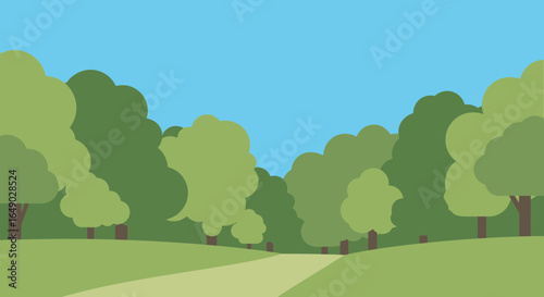 Peaceful Forest Path Landscape Scene With Green Trees And Blue Sky
