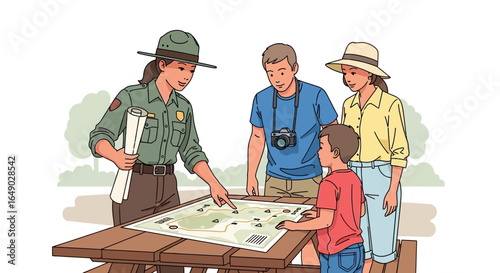 Park Ranger Explaining Trail Details With Family Using Map At Picnic Table