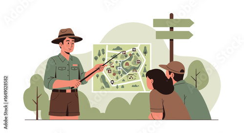 Park ranger giving a map orientation to visitors with direction signpost background illustration