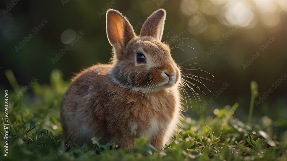 Fototapeta premium Adorable Portrait of a Fluffy Brown Rabbit Basking in the Warm Sunlight