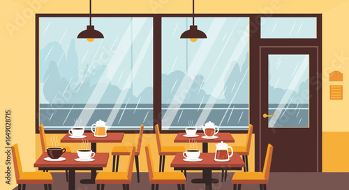 Peaceful Indoor Cafe Scene with Rain Falling Outside the Window Illustration
