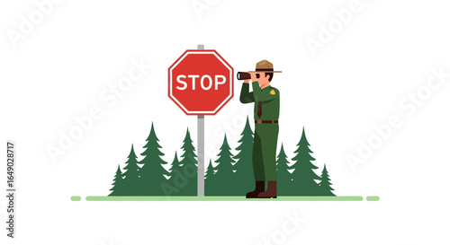 Park Ranger Observes With Binoculars Stop Sign In National Park Forest