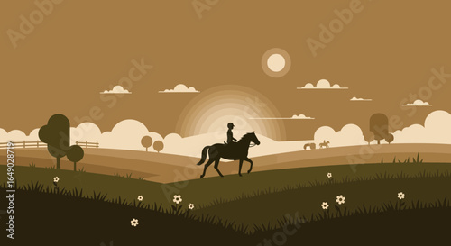 Peaceful Horse Ride At Sunset Through The Countryside In Brown Tones