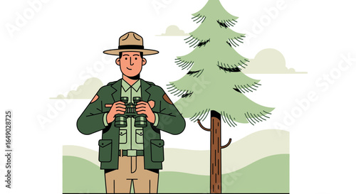 Park Ranger Observes Wildlife With Binoculars Standing Near Evergreen Tree