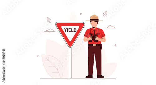 Park Ranger Observing Wildlife Near Yield Sign In Natural Environment Scene
