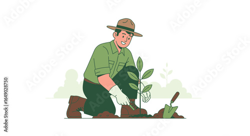 Park Ranger Planting a Tree Seedling During Reforestation Process