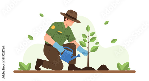 Park Ranger Planting A Sapling While Watering with A Watering Can