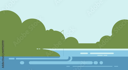Peaceful Lakeside Landscape With Fishing Pole And Green Hills In Flat Style