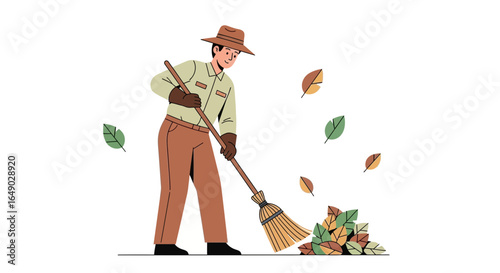 Park Ranger sweeping fall leaves vector illustration clean up outdoor autumn  season