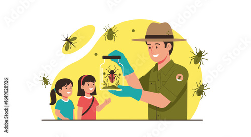 Park ranger showing insects in jar to children, outdoor education concept