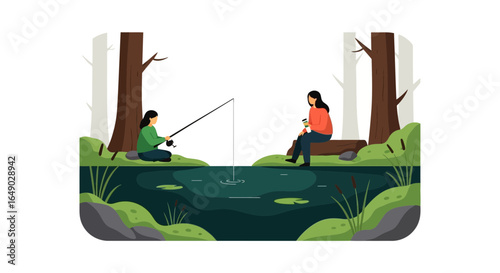 Peaceful Lakeside Scene Featuring Angler And Relaxing Woman Enjoying Coffee