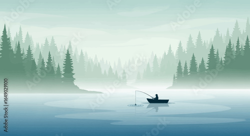 Peaceful morning fishing on a misty lake surrounded by pine forests scenic view