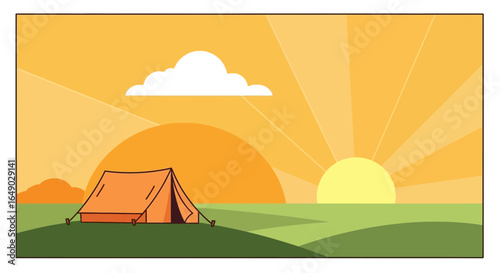 Peaceful Morning Landscape With Tent And Sunrise For Travel Adventure Time