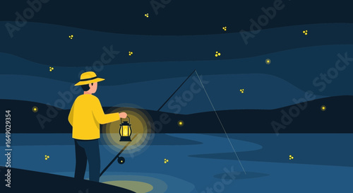 Peaceful Night Fishing Under Starry Skies With a Warm Lantern Glow Scene