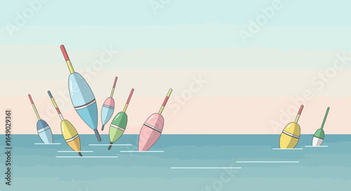 Pastel Floating Fishing Bobbers In Calm Waters On A Sunset Background