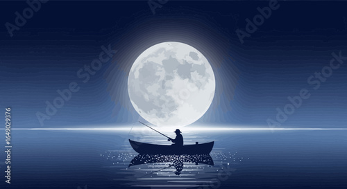 Peaceful Night Fishing Under The Moonlight With A Lone Fisherman On The Water
