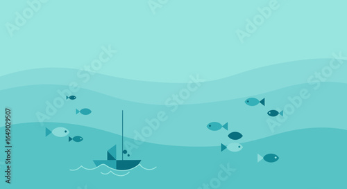 Peaceful Ocean Scene With Sailing Boat And Fishes Minimalist Style Art