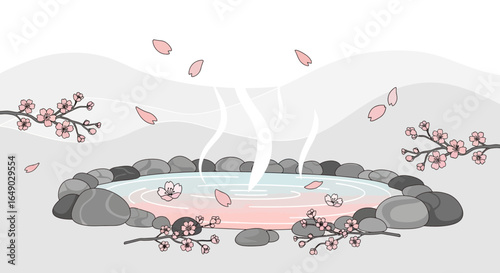 Peaceful Onsen Scene With Cherry Blossoms In Japanese Style Illustration