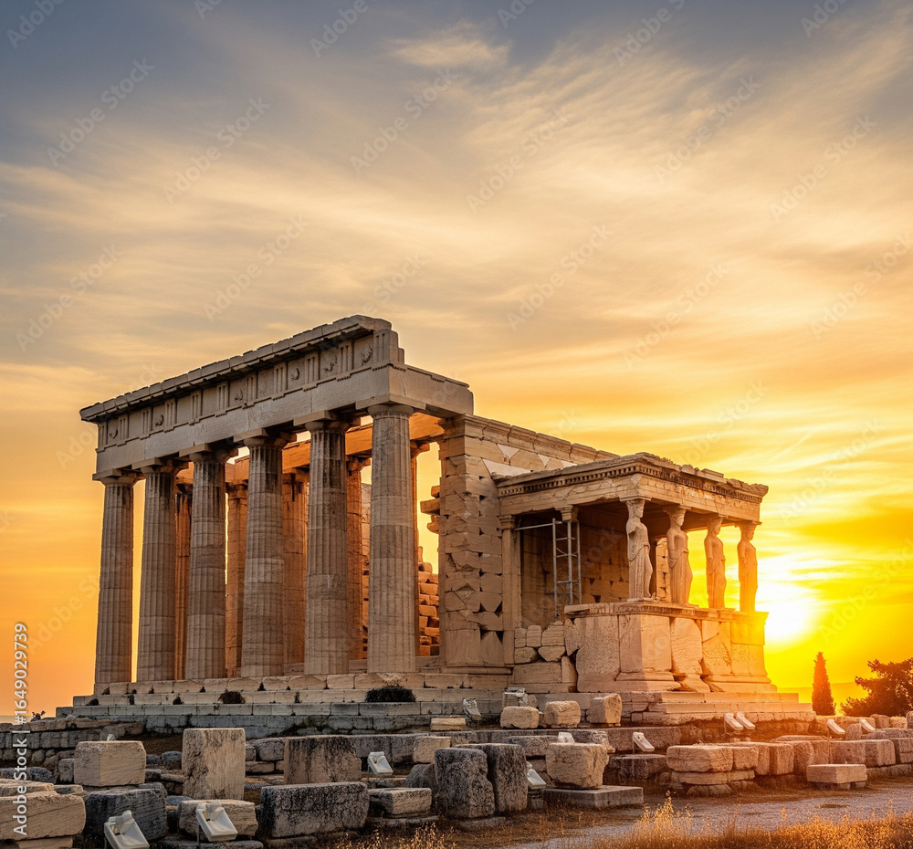 Fototapeta premium Doric and Ionic columns of the ancient temple of Athena, against a golden orange sunset sky.