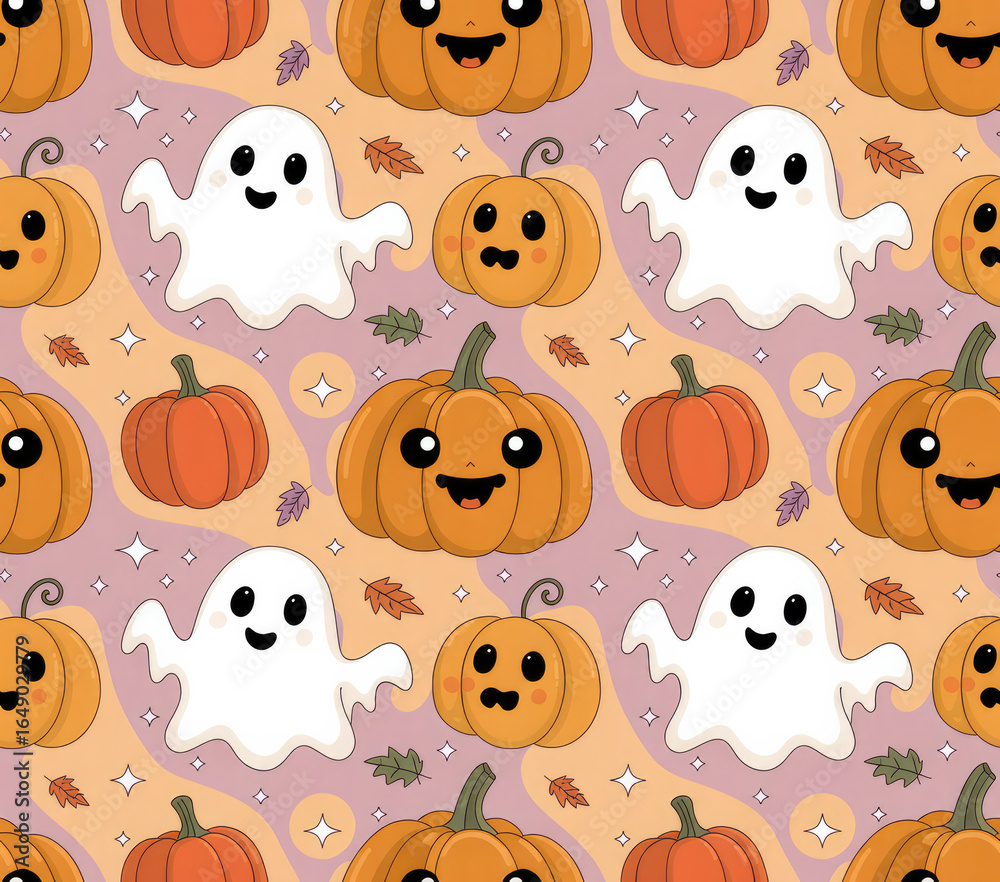 Fototapeta premium Cute Halloween Ghost and Pumpkin Seamless Pattern — Pastel Kawaii Spooky Background for Kids and Party Decor