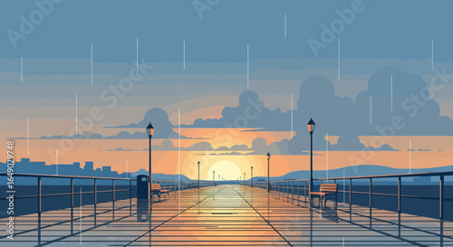 Peaceful Rain Over City View From Pier at Sunset With Beautiful Sky